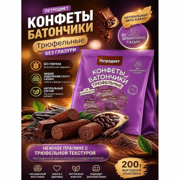 Конфеты Петродиет батончики пралине трюфельные на изомальте со стевией  200гр м/у
