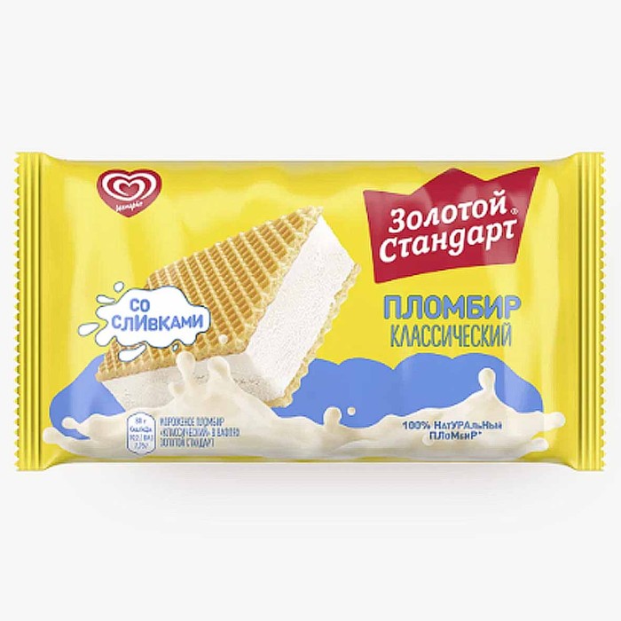 Мороженое Золотой Стандарт Пломбир классический со сливками в вафлях 80гр м/у