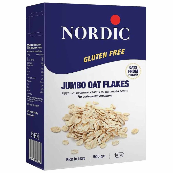 Хлопья овсяные Nordic крупные без глютена 500гр к/у