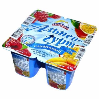 Йогурт Альпенгурт Сливочный малина-персик-маракуйя 4,5% 100гр пэт