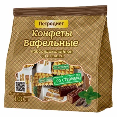 Конфеты Петродиет вафельные на фруктозе какао-шоколадные со стевией 100гр м/у