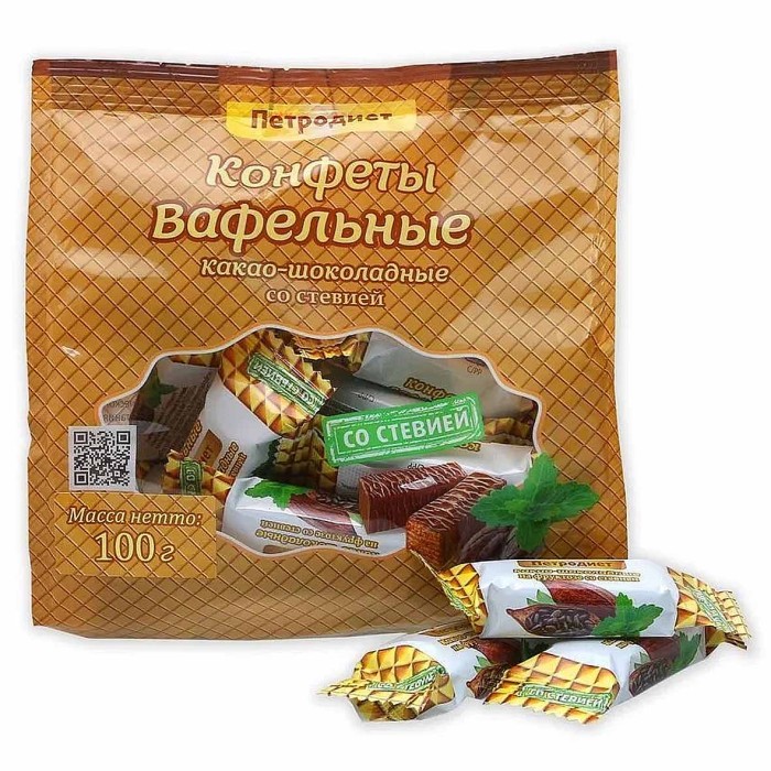 Конфеты Петродиет вафельные на фруктозе какао-шоколадные со стевией 100гр м/у