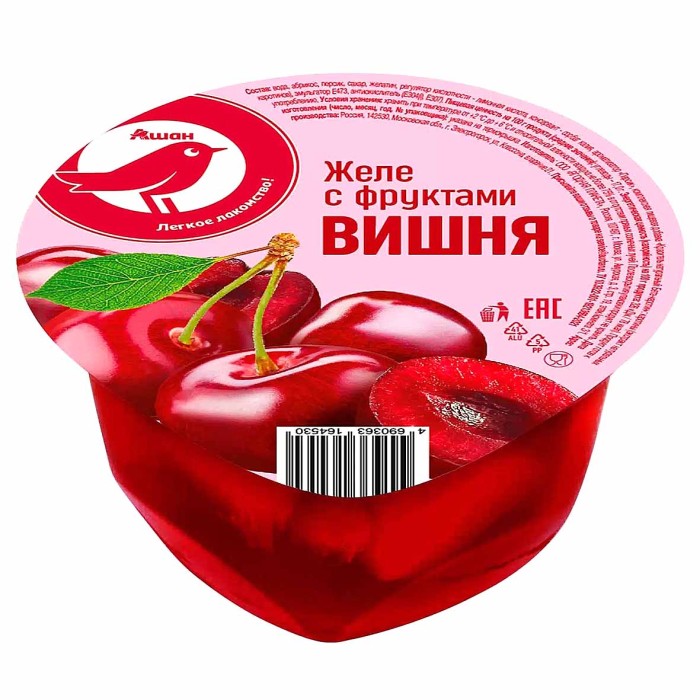 Желе Ашан с фруктами вишня 150гр пэт