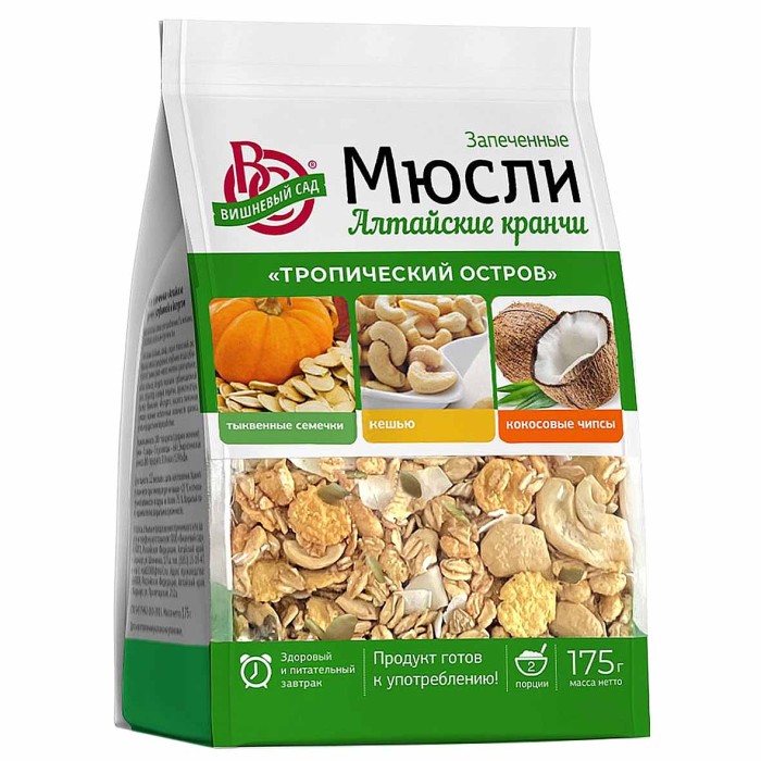 Мюсли Вишневый сад Алтайские кранчи запеченые Тропический остров 175гр м/у