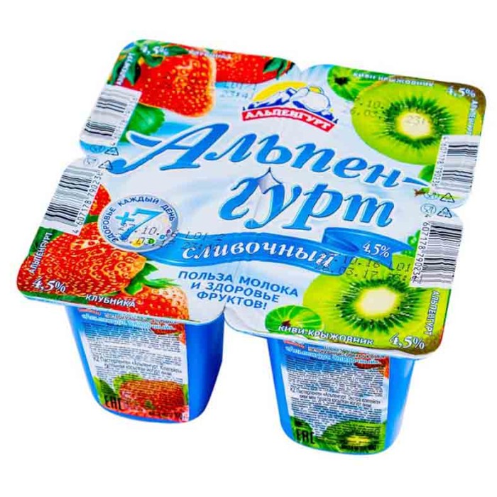 Йогурт Альпенгурт Сливочный клубника-киви-крыжовник 4,5% 100гр пэт