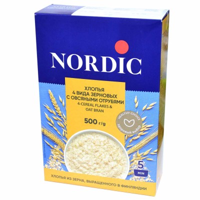 Хлопья Nordic 4 злака с отрубями 500гр к/у