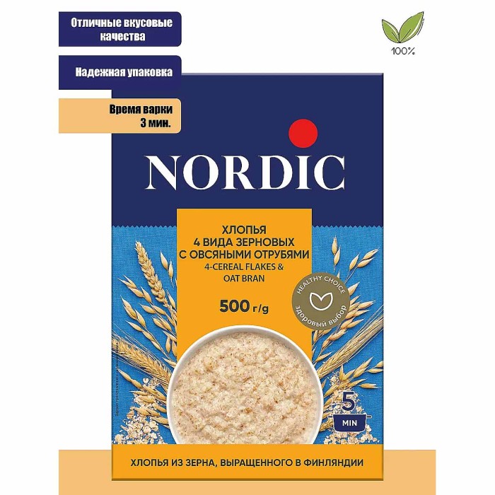 Хлопья Nordic 4 злака с отрубями 500гр к/у