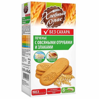 Печенье Хлебный Спас с овсяными отрубями и злаками на мальтите 240гр к/у