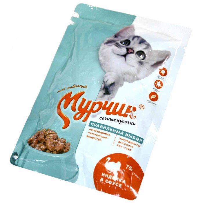 Корм для кошек Мурчик с индейкой в соусе 75гр пауч