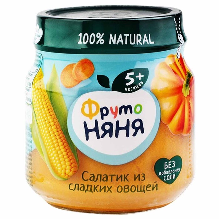 Пюре Фруто Няня салатик из сладких овощей кукуруза-тыква-морковь 5+ 110гр ст/б