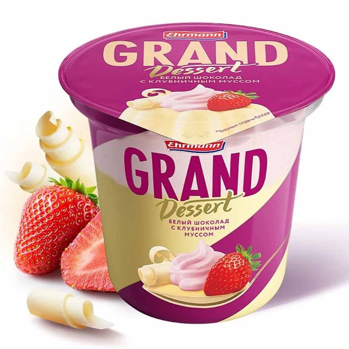 Пудинг Ehrmann Grand Dessert белый шоколад-клубничные сливки 6% 200гр пэт