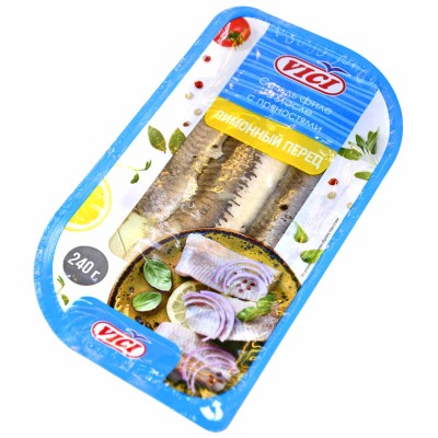 Сельдь Vici Лимонный перец филе соленая в масле с пряностями 240гр пэт