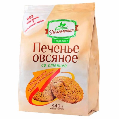 Печенье Петродиет Баланс долголетия овсяное со стивией на фруктозе 340гр м/у