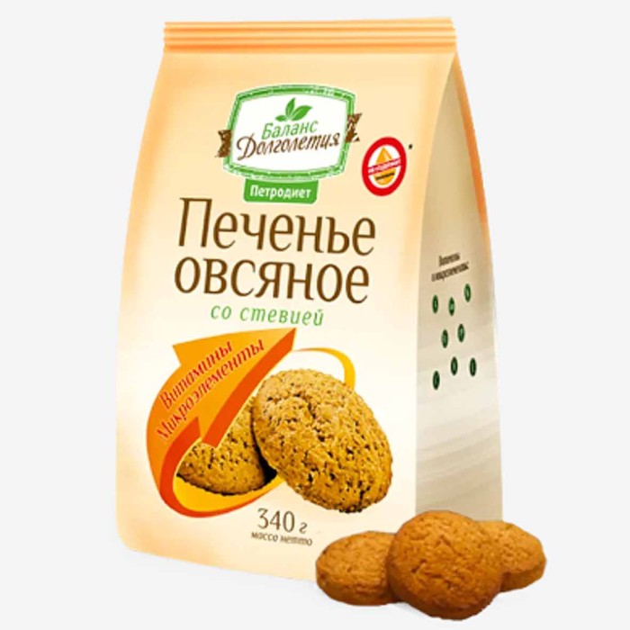 Печенье Петродиет Баланс долголетия овсяное со стивией на фруктозе 340гр м/у