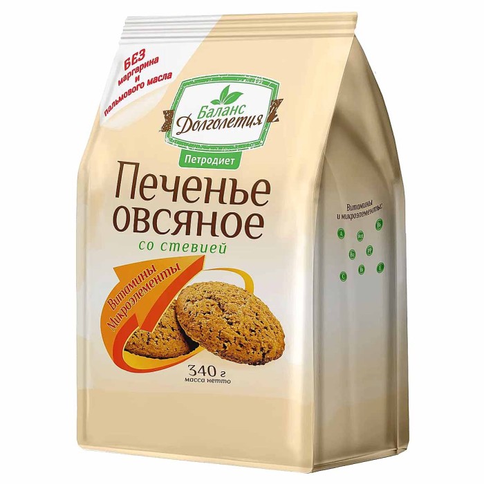 Печенье Петродиет Баланс долголетия овсяное со стивией на фруктозе 340гр м/у