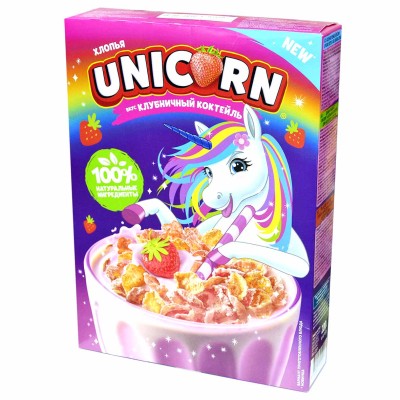 Хлопья кукурузные Unicorn Клубничный коктейль 220гр к/у