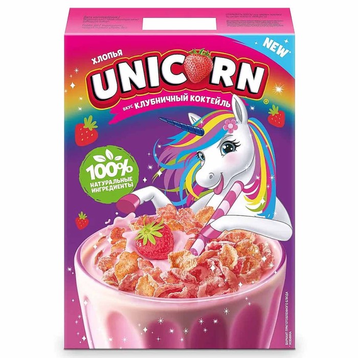 Хлопья кукурузные Unicorn Клубничный коктейль 220гр к/у