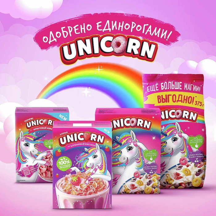 Хлопья кукурузные Unicorn Клубничный коктейль 220гр к/у
