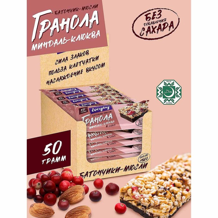 Батончик-мюсли Everyday Гранола миндаль-клюква 4злака 50гр м/у