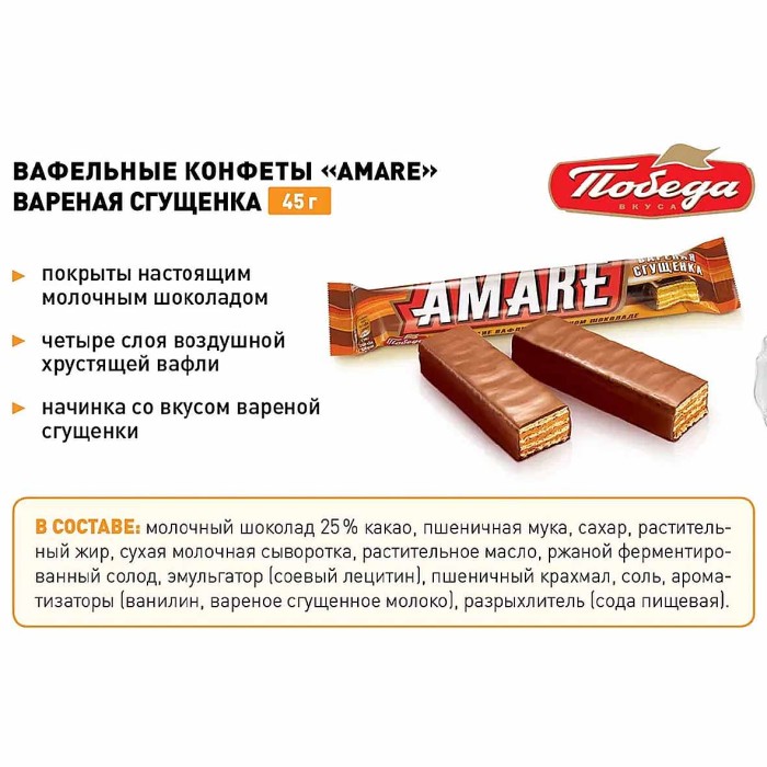 Вафли Победа Amare со вкусом вареной сгущенки в молочном шоколаде 45гр м/у