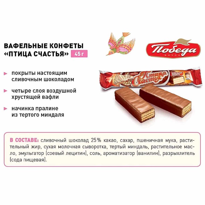Вафли Победа Птица счастья с начинкой из тертого миндаля в сливочном шоколаде 45гр м/у