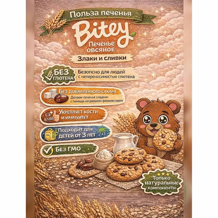 Печенье Bitey овсяное злаки и сливки 60гр к/у