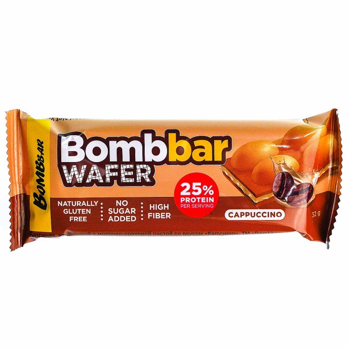Батончик Bombbar вафельный с молочно-ореховой пастой со вкусом капучино 32гр м/у