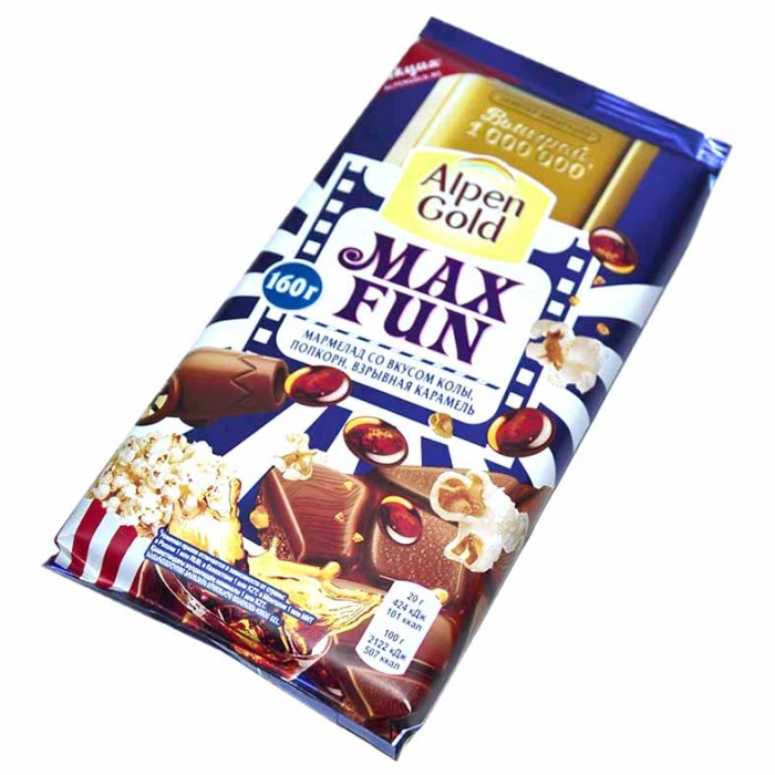 Шоколад Alpen Gold Maxfun Молочный кола,попкорн,карамель 160гр м/у
