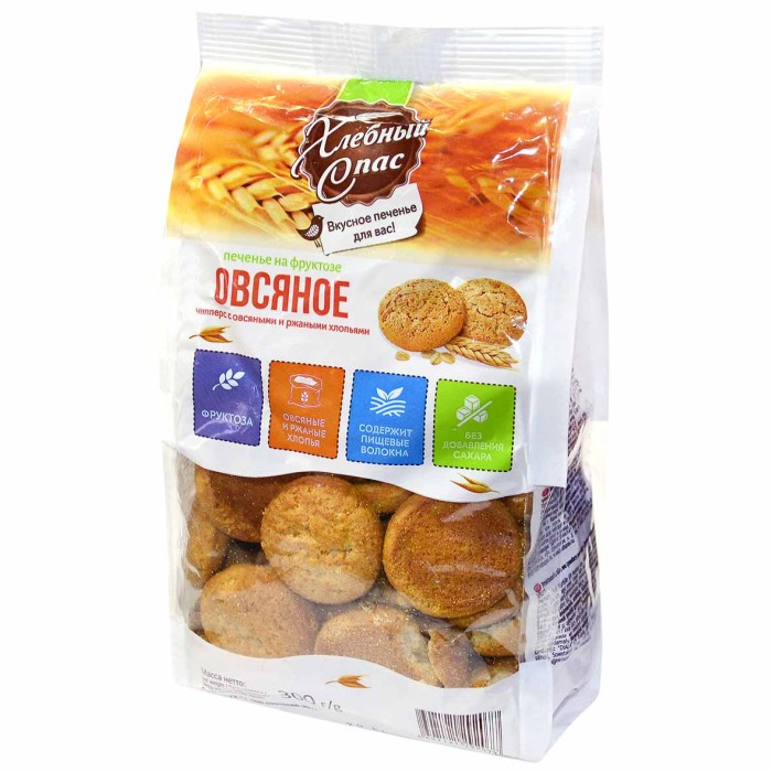 Печенье Хлебный Спас  Чипперс с овсяными и ржаными хлопьями на фруктозе 300гр м/у