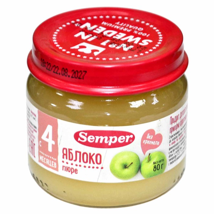 Пюре Semper яблоко 4+ 80гр ст/б