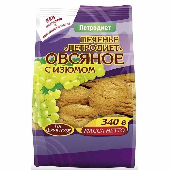 Печенье Петродиет  Овсяное с изюмом на фруктозе 340гр м/у