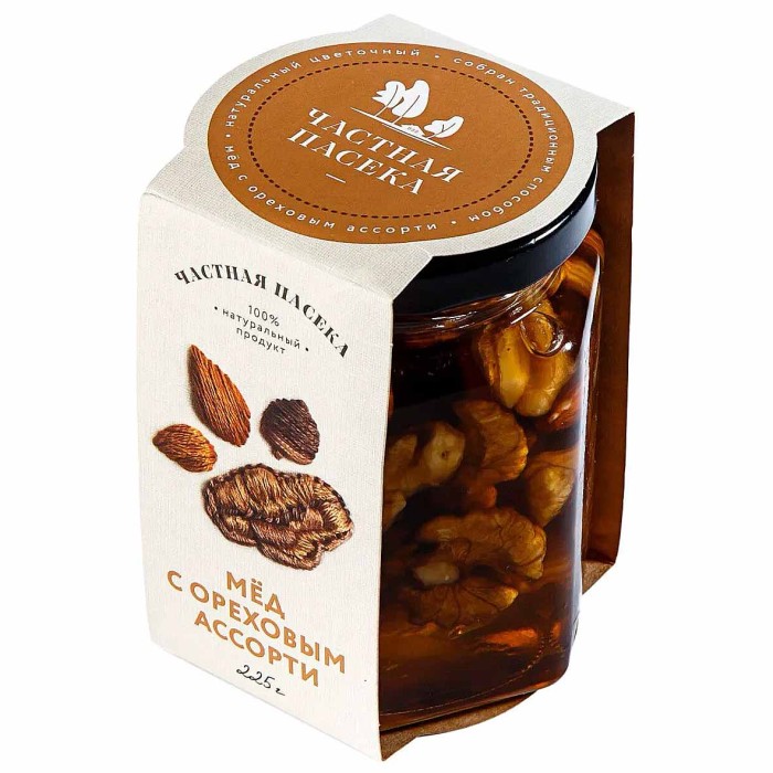 Мед Частная Пасека натуральный цветочный с ореховым ассорти 225гр ст/б