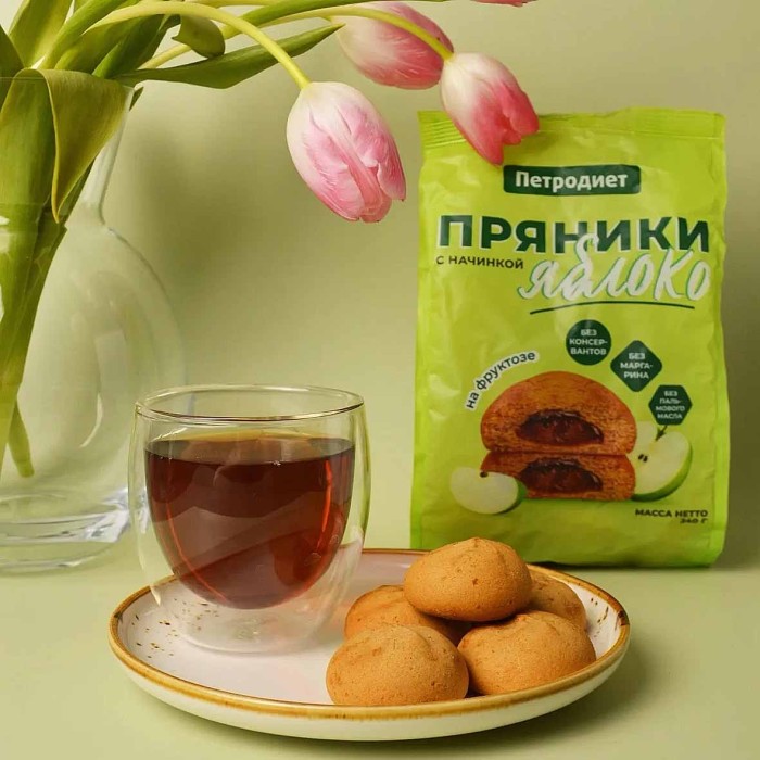 Пряники Петродиет с яблочной начинкой на фруктозе 340гр м/у
