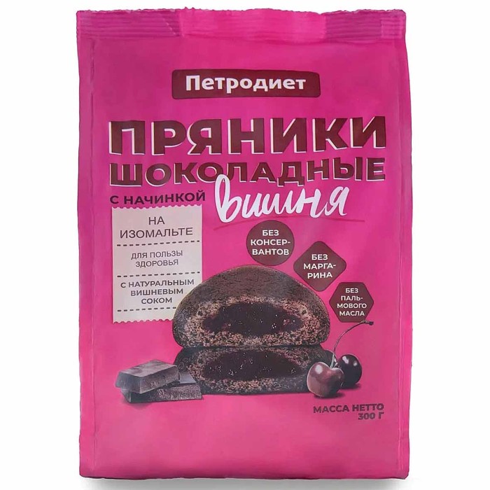 Пряники Петродиет шоколадные с вишневой начинкой на изомальте 300гр м/у