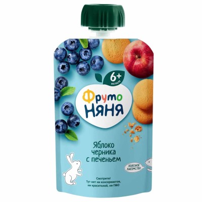 Пюре ФрутоНяня яблоко-черника с печеньем с 6мес 90гр пауч