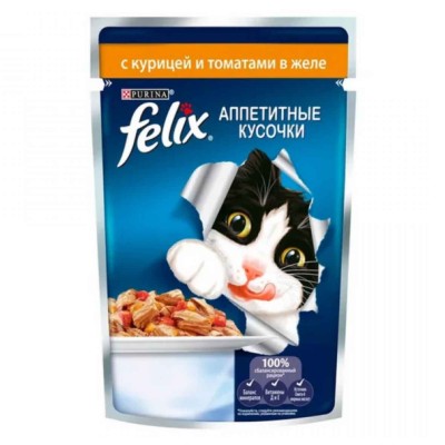 Корм для кошек Feilx курица с томатами кусочки в желе 85гр пауч