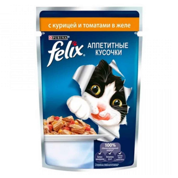 Корм для кошек Feilx курица с томатами кусочки в желе 85гр пауч