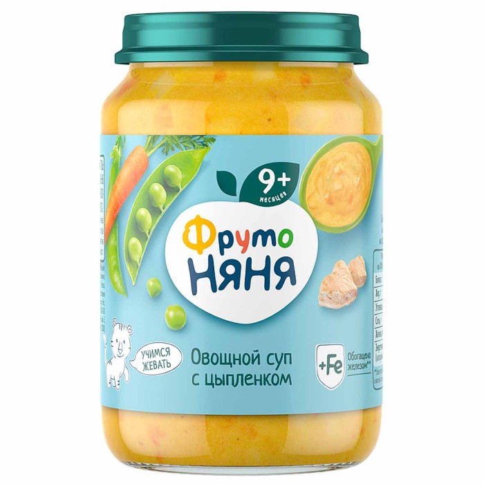 Суп-пюре овощной ФрутоНяня с цыпленком 9+ 190гр ст/б