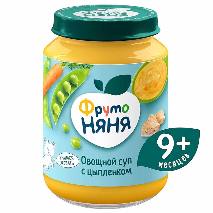 Суп-пюре овощной ФрутоНяня с цыпленком 9+ 190гр ст/б