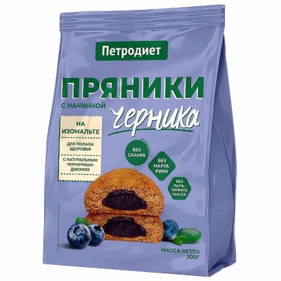 Пряники Петродиет с черничной начинкой на изомальте 300гр м/у