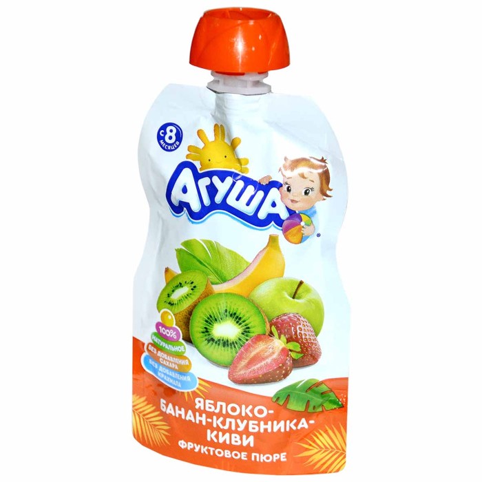 Пюре Агуша яблоко-клубника-банан-киви с 8мес 90гр пауч