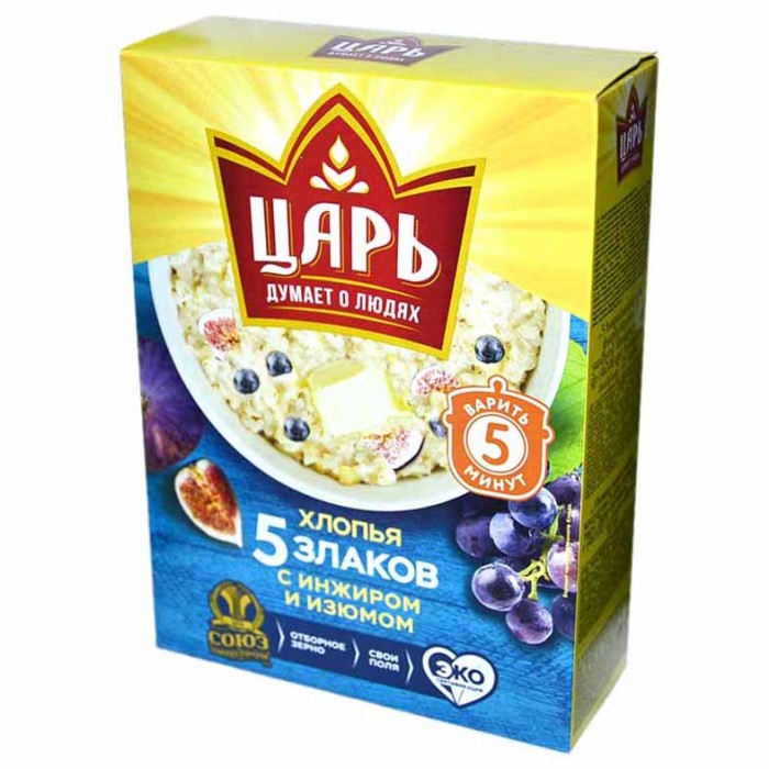 Хлопья Царь 5 злаков с инжиром и изюмом 400гр к/у