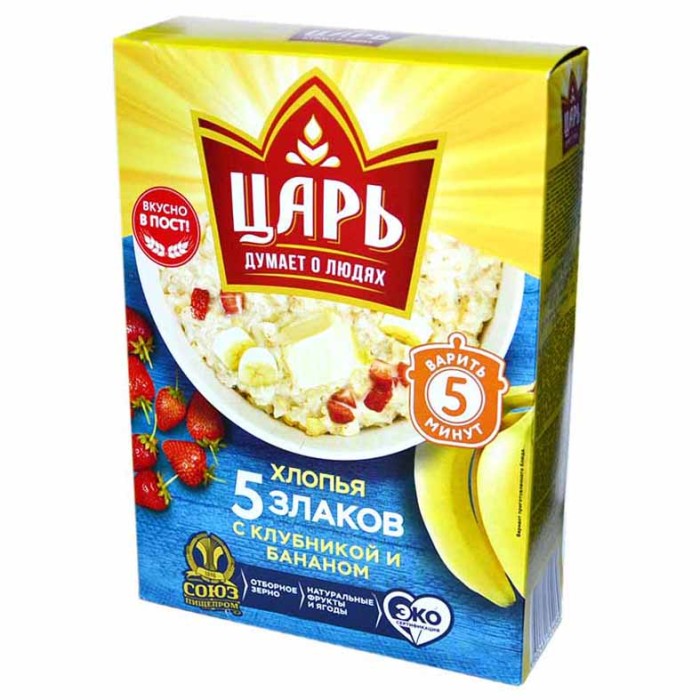 Хлопья Царь 5 злаков с клубникой и бананом 400гр к/у