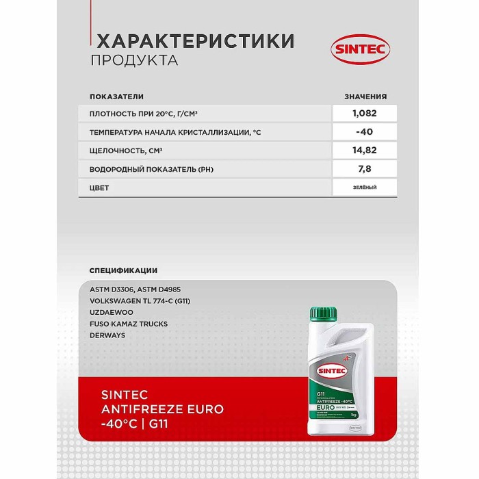 Антифриз Sintec Euro -40 G11 green 1кг пэт