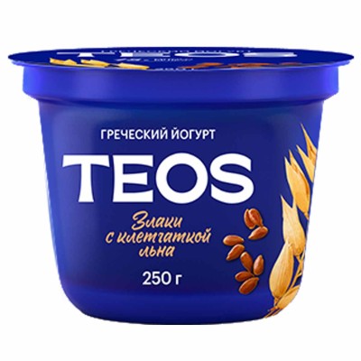 Йогурт Teos Греческий натуральный Злаки Клетчатка Лен 2% 250гр пэт