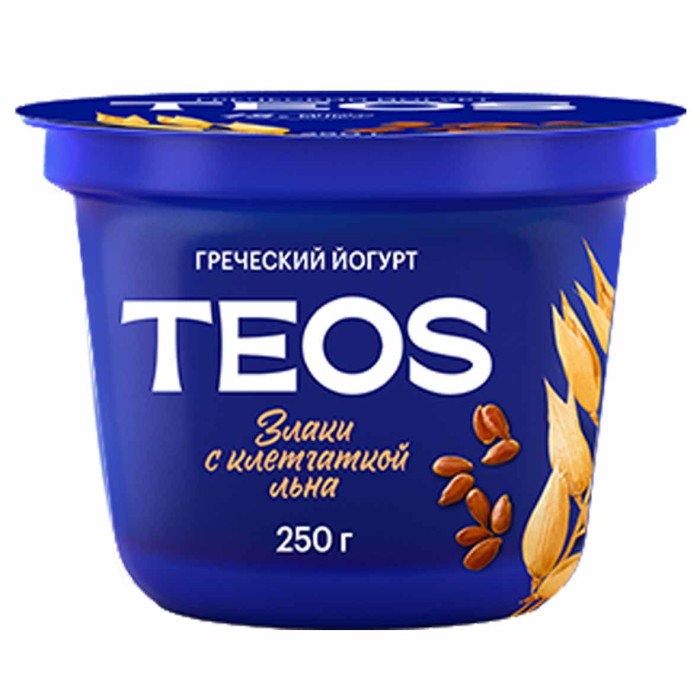 Йогурт Teos Греческий натуральный Злаки Клетчатка Лен 2% 250гр пэт