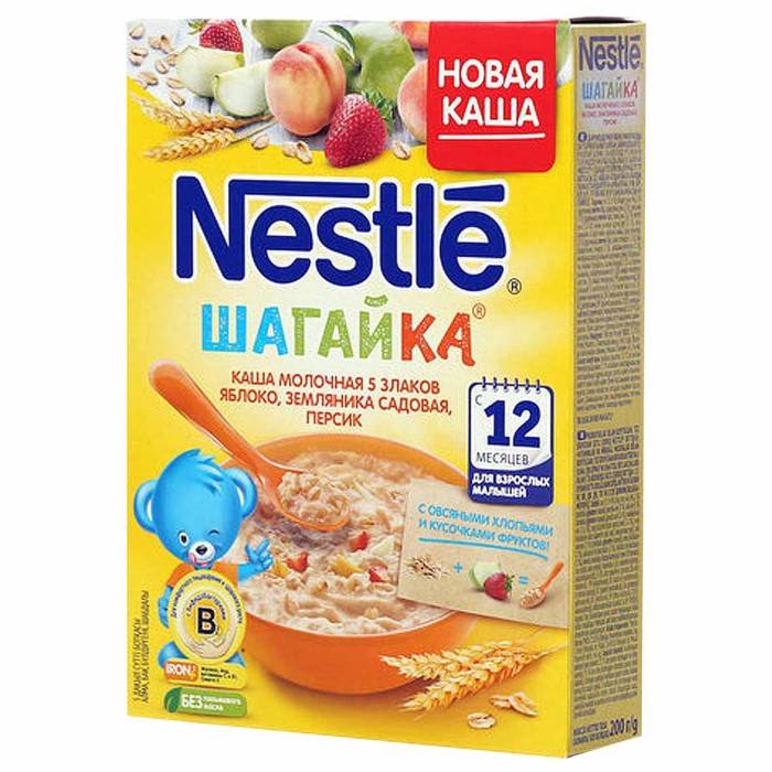 Каша Nestle 5 злаков молочная яблоко-земляника-персик с 12мес 200гр к/у
