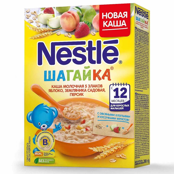 Каша Nestle 5 злаков молочная яблоко-земляника-персик с 12мес 200гр к/у