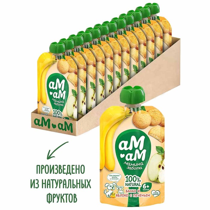 Пюре Ам-ам из яблок и банана с печеньем с 6мес 90гр пауч