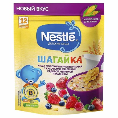 Каша Nestle Шагайка мультизлаковая молочная с кусочками земляники и черники с 12мес 190гр